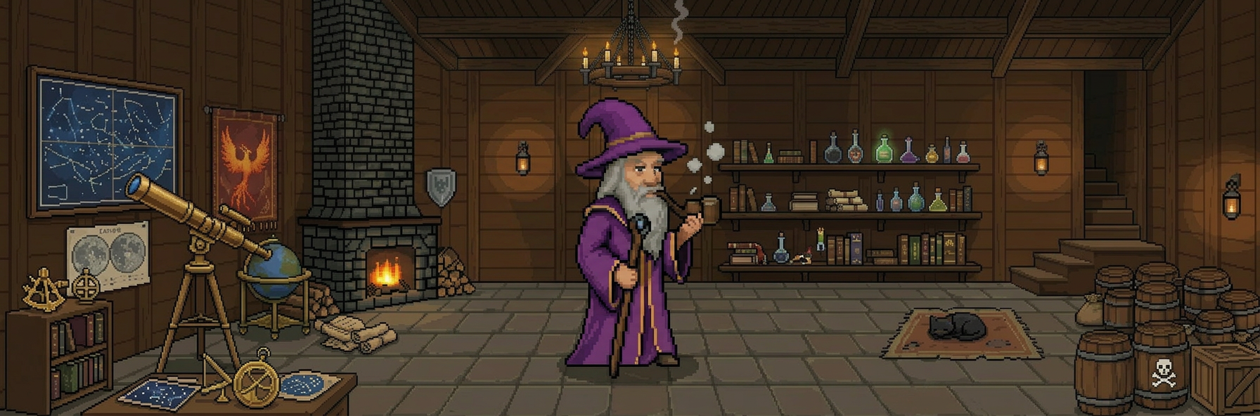 Pixel art of a wizard in purple robes and hat smoking a pipe in a tavern